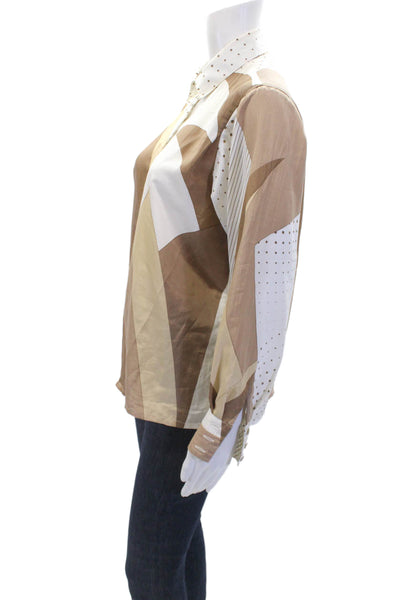 Louis Feraud Womens Button Front Polka Dot Colorblock Shirt White Brown Size 8