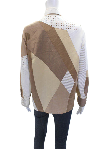 Louis Feraud Womens Button Front Polka Dot Colorblock Shirt White Brown Size 8