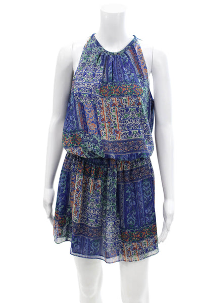 Ramy Brook Womens Sleeveless Pleated Neck Smocked Waist Mini Dress Blue Size S