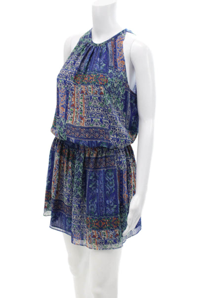 Ramy Brook Womens Sleeveless Pleated Neck Smocked Waist Mini Dress Blue Size S