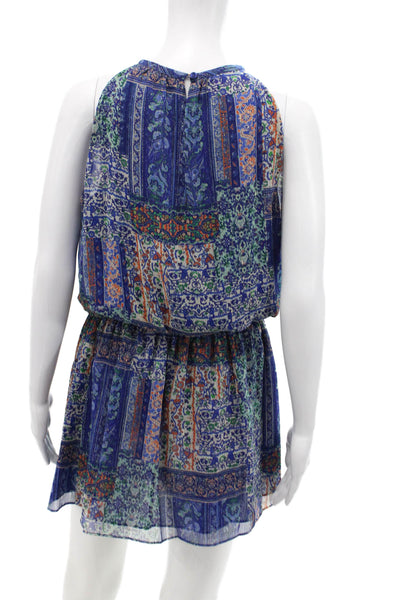 Ramy Brook Womens Sleeveless Pleated Neck Smocked Waist Mini Dress Blue Size S