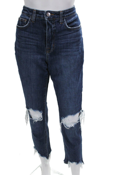 L'Agence Womens Cotton Distressed Dark Wash Tapered Jeans Blue Size 28