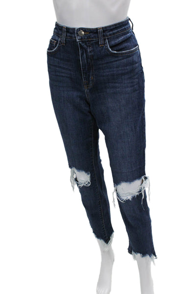 L'Agence Womens Cotton Distressed Dark Wash Tapered Jeans Blue Size 28