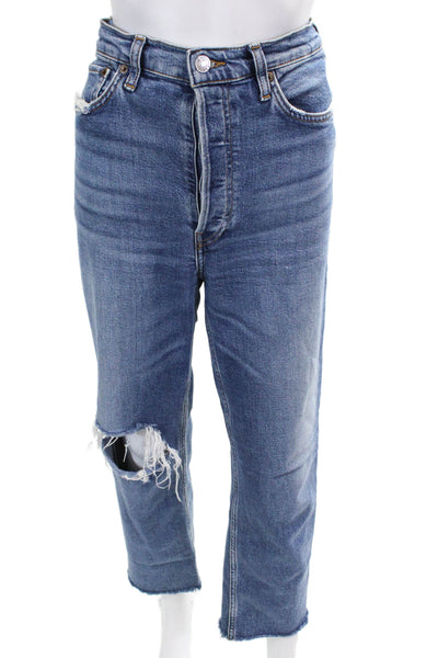 Re/Done Womens Cotton Denim Distressed Medium Wash Jeans Blue Size 29