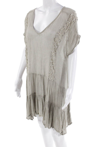Sunday Womens Linen V-Neck Sleeveless Embroidered Tiered Dress Gray One Size