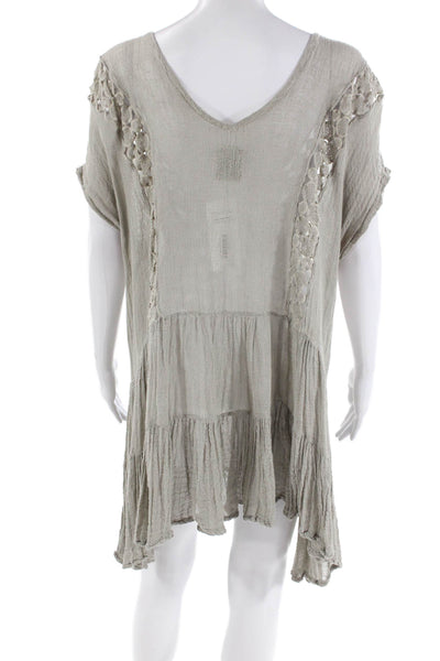 Sunday Womens Linen V-Neck Sleeveless Embroidered Tiered Dress Gray One Size