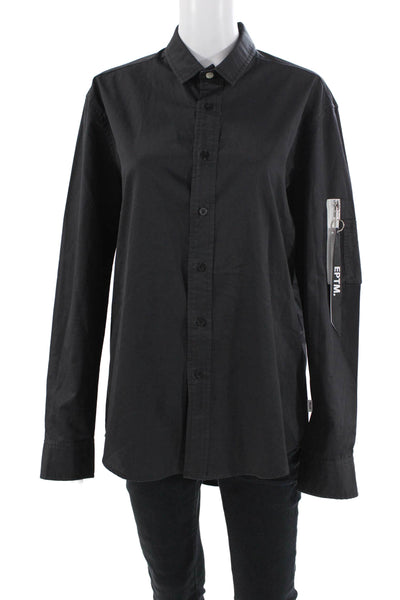 EPTM Womens Crew Neck Long Sleeves Button Down Shirt Black Cotton Size Medium