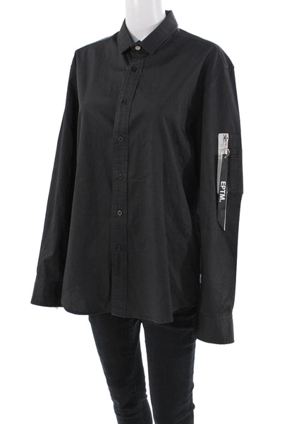 EPTM Womens Crew Neck Long Sleeves Button Down Shirt Black Cotton Size Medium