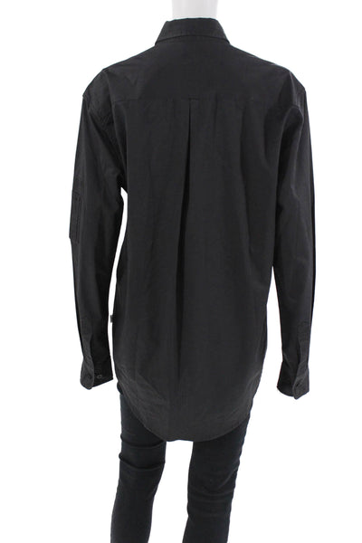 EPTM Womens Crew Neck Long Sleeves Button Down Shirt Black Cotton Size Medium