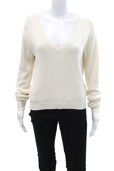 John Galt Womens Cotton Long Sleeve V-Neck Pullover Sweater Cream Size M