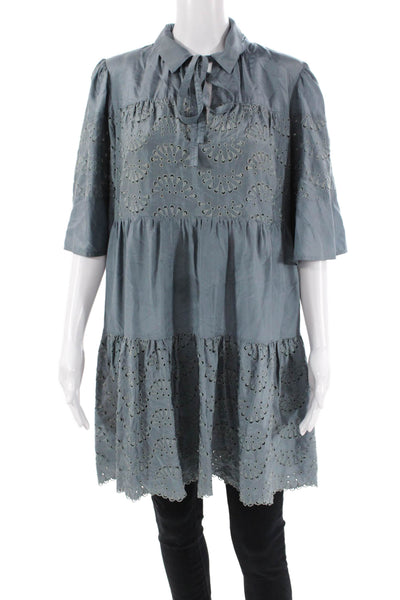 Rebecca Taylor Womens Silk Short Sleeve Tie Detail Tunic Top Solid Gray Size 6