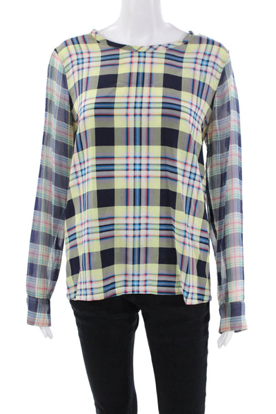 Equipment Femme Womens Silk Plaid Print Round Neck Blouse Multicolor Size S