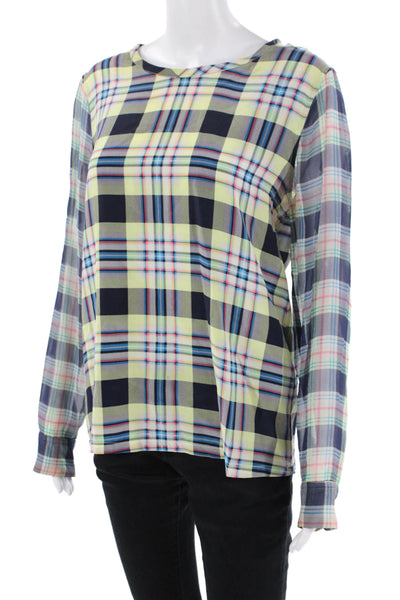 Equipment Femme Womens Silk Plaid Print Round Neck Blouse Multicolor Size S