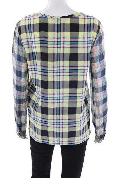 Equipment Femme Womens Silk Plaid Print Round Neck Blouse Multicolor Size S