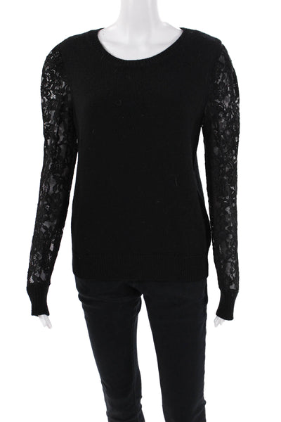 Rebecca Taylor Womens Wool Knit Crew Neck Sheer Lace Sleeve Top Black Size M