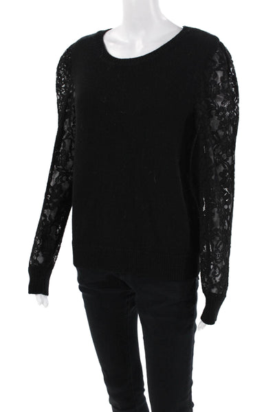 Rebecca Taylor Womens Wool Knit Crew Neck Sheer Lace Sleeve Top Black Size M