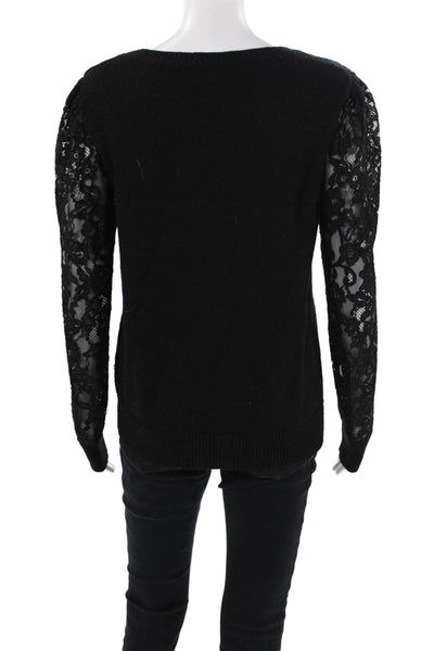 Rebecca Taylor Womens Wool Knit Crew Neck Sheer Lace Sleeve Top Black Size M