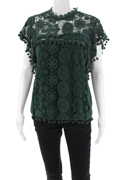 Tularosa Womens Cotton Lace Overlay Detail Pom Pom Trim Top Green Size M