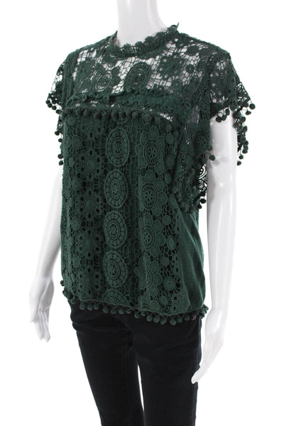 Tularosa Womens Cotton Lace Overlay Detail Pom Pom Trim Top Green Size M