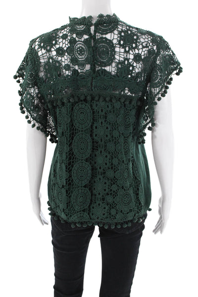 Tularosa Womens Cotton Lace Overlay Detail Pom Pom Trim Top Green Size M