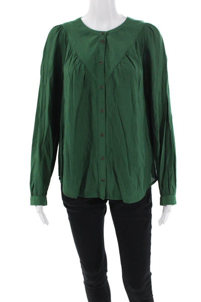 Maeve Anthropologie Womens Buttoned Striped Gathered Detail Blouse Green Size M