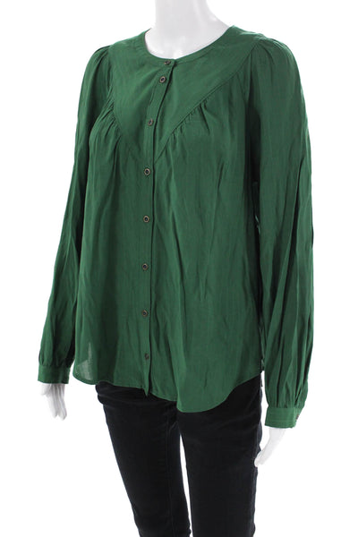 Maeve Anthropologie Womens Buttoned Striped Gathered Detail Blouse Green Size M