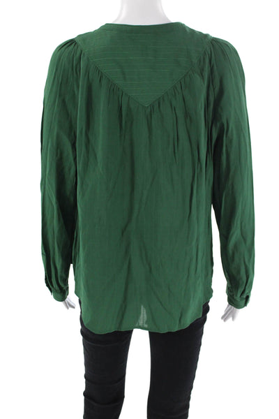 Maeve Anthropologie Womens Buttoned Striped Gathered Detail Blouse Green Size M