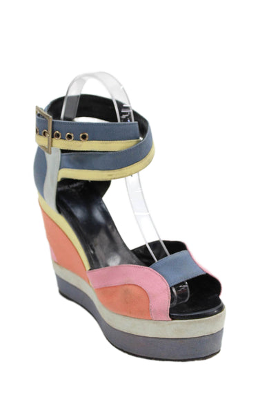 Pierre Hardy Womens Stripe Print Peep Toe Ankle Strap Wedges Multicolor Size 7.5