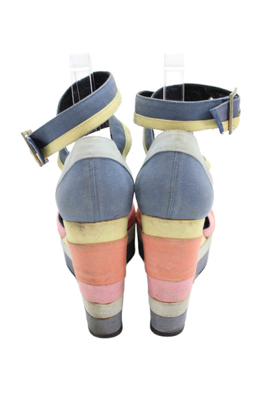 Pierre Hardy Womens Stripe Print Peep Toe Ankle Strap Wedges Multicolor Size 7.5