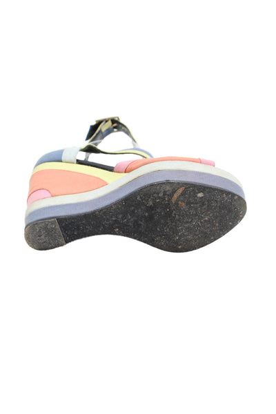 Pierre Hardy Womens Stripe Print Peep Toe Ankle Strap Wedges Multicolor Size 7.5