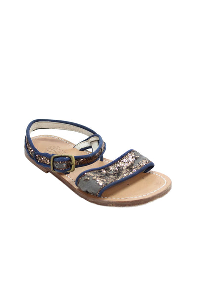 Bonpoint Girls Glitter Ankle Strap Open Toe Flat Sandals Navy Blue Size 9