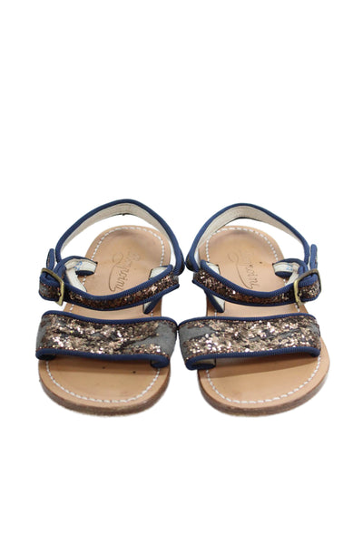 Bonpoint Girls Glitter Ankle Strap Open Toe Flat Sandals Navy Blue Size 9