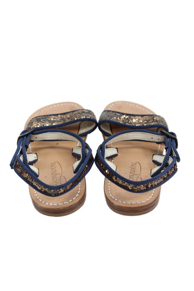 Bonpoint Girls Glitter Ankle Strap Open Toe Flat Sandals Navy Blue Size 9