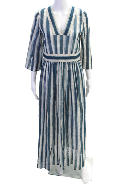 Christian Dior Womens Back Zip 3/4 Sleeve Striped Midi Dress Blue White Size 8
