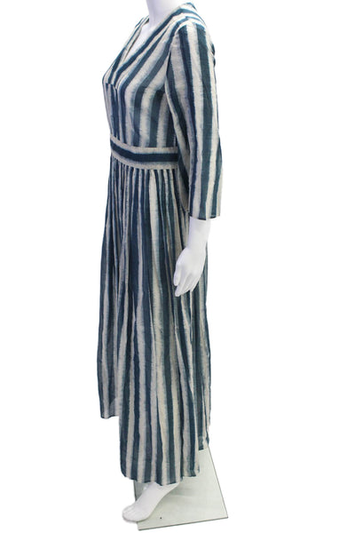Christian Dior Womens Back Zip 3/4 Sleeve Striped Midi Dress Blue White Size 8