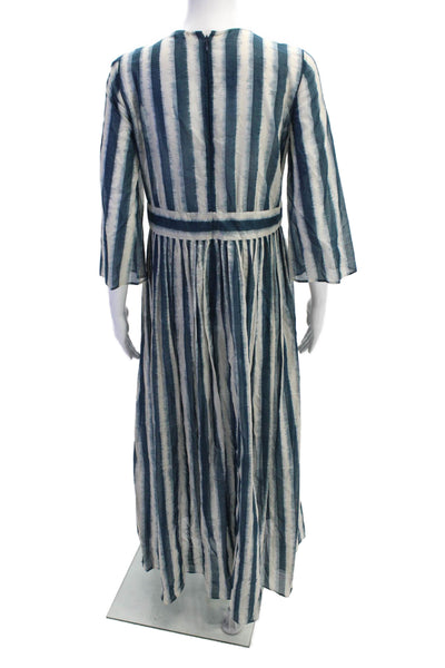 Christian Dior Womens Back Zip 3/4 Sleeve Striped Midi Dress Blue White Size 8