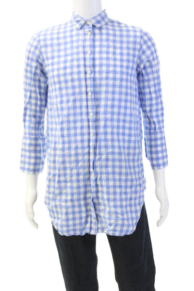 J Crew Mens Linen Checkered Print Collared Button-Down Shirt Blue Size XS