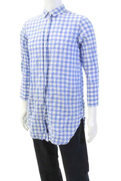 J Crew Mens Linen Checkered Print Collared Button-Down Shirt Blue Size XS