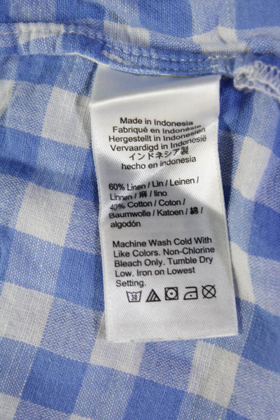 J Crew Mens Linen Checkered Print Collared Button-Down Shirt Blue Size XS