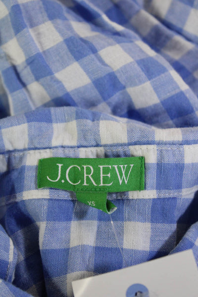 J Crew Mens Linen Checkered Print Collared Button-Down Shirt Blue Size XS