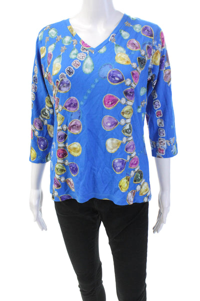 Pashma Womens Round Neck Long Sleeve Graphic Print T-Shirt Blue Size XL