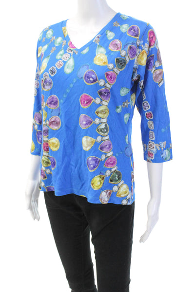 Pashma Womens Round Neck Long Sleeve Graphic Print T-Shirt Blue Size XL