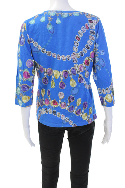 Pashma Womens Round Neck Long Sleeve Graphic Print T-Shirt Blue Size XL