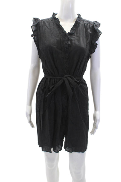 Elan Womens Button Front V Neck Ruffled Belted Dress Black Size Medium