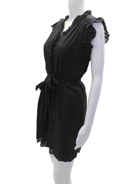 Elan Womens Button Front V Neck Ruffled Belted Dress Black Size Medium