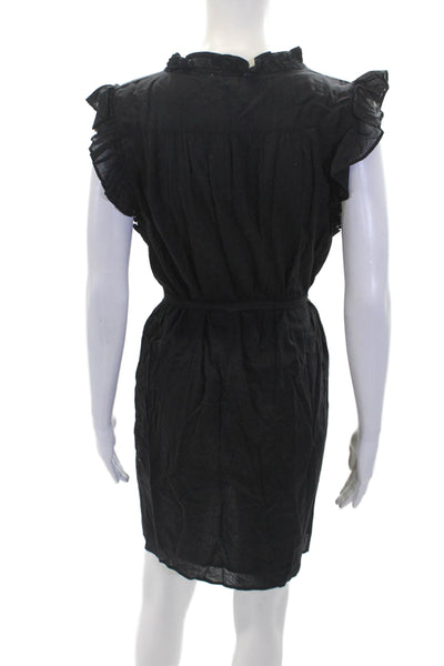 Elan Womens Button Front V Neck Ruffled Belted Dress Black Size Medium