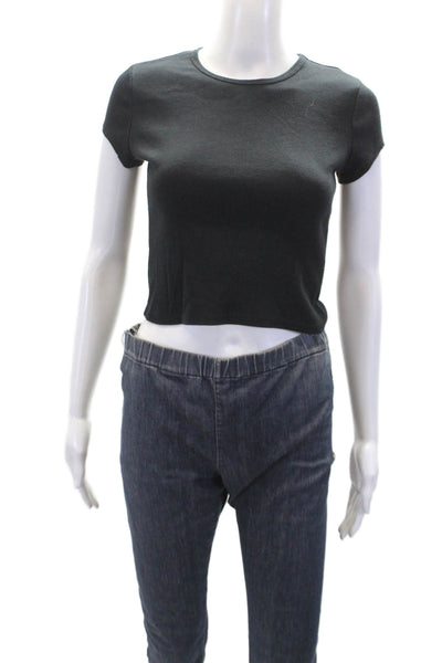 Reformation Womens Short Sleeve Crew Neck Ribbed Knit Tee Shirt Black Medium