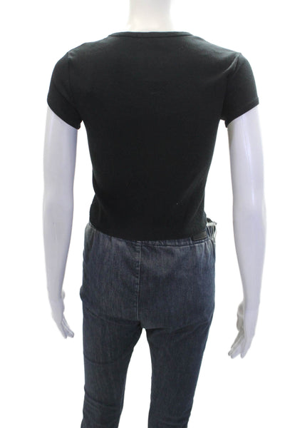 Reformation Womens Short Sleeve Crew Neck Ribbed Knit Tee Shirt Black Medium