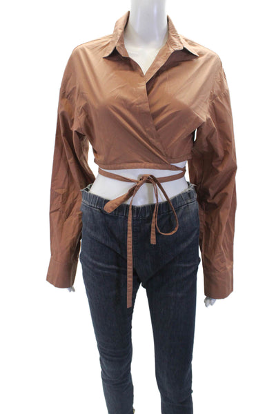 Kimberly Taylor Womens Long Sleeves Cropped Wrap Blouse Brown Cotton Size Medium