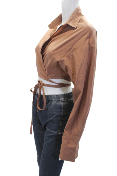 Kimberly Taylor Womens Long Sleeves Cropped Wrap Blouse Brown Cotton Size Medium